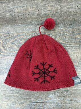 The North Face Red Wool Snowflake Beanie Hat Pom Winter Cap Fleece Lined
